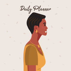 Daily planner cover. Schedule, goals, notes. Young beautiful African American woman profile portrait.. Vector illustration.