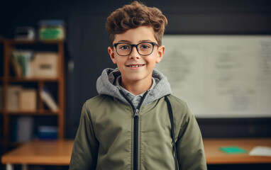 Boy posing in front of blackboard in class