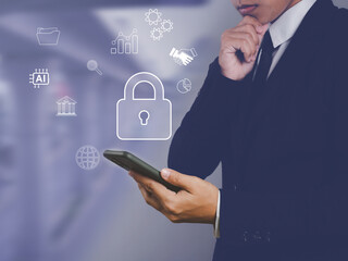 internet security technology security of personal information Businessman using smartphone to connect to the internet around the world Secure business, finance, investment information.