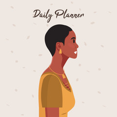 Daily planner cover. Schedule, goals, notes. Young beautiful African American woman profile portrait.. Vector illustration.