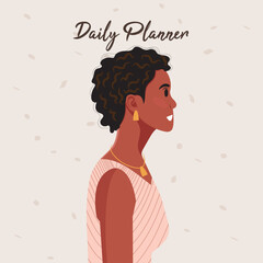 Daily planner cover. Schedule, goals, notes. Young beautiful African American woman profile portrait.. Vector illustration.