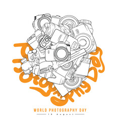 Doodle art of cameras with hand drawn design for world photography day campaign design