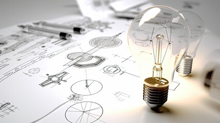 light bulb and engineering schematics on a table - obrazy, fototapety, plakaty