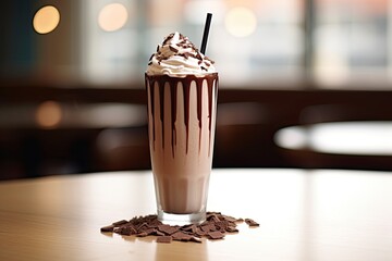 A tall glass filled with a chocolate milkshake on the table at cafe.Generative AI