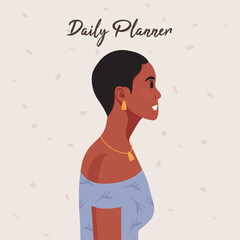 Daily planner cover. Schedule, goals, notes. Young beautiful African American woman profile portrait.. Vector illustration.