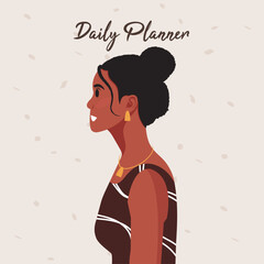 Daily planner cover. Schedule, goals, notes. Young beautiful African American woman profile portrait.. Vector illustration.