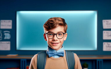 Little boy in glasses and backpacker poses in class in front of overhead projector, has studious look - obrazy, fototapety, plakaty