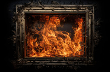 A fire frame that is black on a black background, in the style of post-apocalyptic backdrops