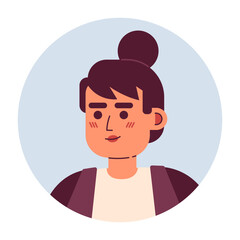 Attractive cheerful woman semi flat vector character head. Lady with bun hairstyle and bangs. Editable cartoon avatar icon. Face emotion. Colorful spot illustration for web graphic design, animation