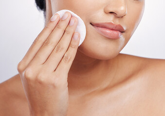 Beauty, skincare and cotton with face of woman for facial, makeup remover and cosmetics. Wellness,...