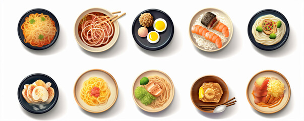 Japanese food icons set, traditional japanese dishes.  illustration