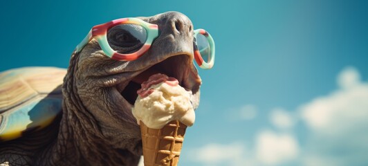 Funny animal summer holiday vacation photography banner - Closeup of turtle with sunglasses, eating ice cream in cone, blue sky with sunshine in background (Generative Ai)