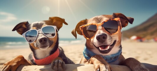 Funny animal pet dog summer holiday vacation photography banner background - Closeup of dogs with sunglasses, chilling relaxing at the tropical ocean beach (Generative Ai)