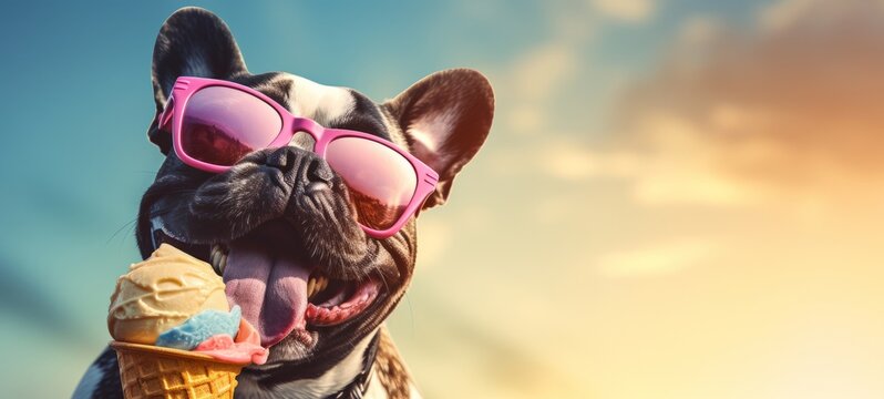 Funny animal pet summer holiday vacation photography banner - Closeup of bulldog dog with sunglasses, eating ice cream in cone, blue sky with sunshine in background (Generative Ai).
