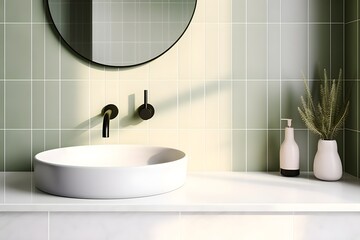 interior design of bathroom, empty white vanity counter with ceramic washbasin and faucet