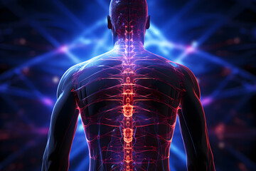 3D render of a human body with a spine and nerve x-ray section. Generative AI.