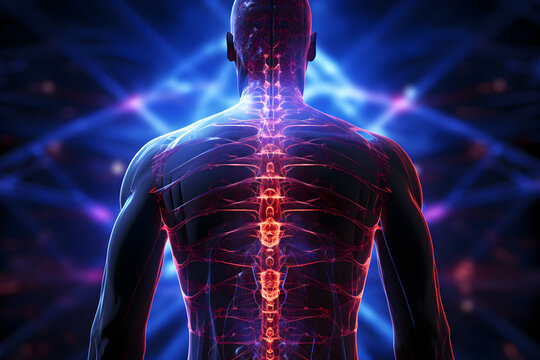 3D render of a human body with a spine and nerve x-ray section. Generative AI.