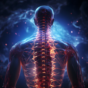 3D render of a human body with a spine and nerve x-ray section, Generative AI.
