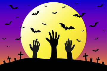 Zombie hand rising from graveyard illuminated by full moon on Halloween night.