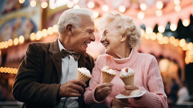 Concept: life and rest of pensioners. Cheerful elderly couple have fun in the amusement park eating ice cream. created by AI