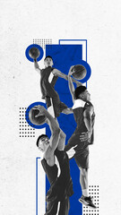 Young sportive man, professional basketball player in motion, training against abstract background. Contemporary art collage.