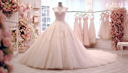 Closeup pink wedding dress in bridal salon room background. Banner. Front view of stylish dress for wedding day. Beautiful clothes for bride. Copy Space. Ai generative