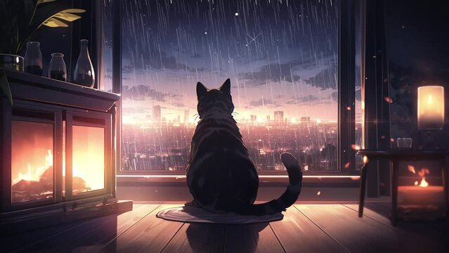 A black cat sitting on the window looking at the rain in the city at night, in the style of anime art, loop animation