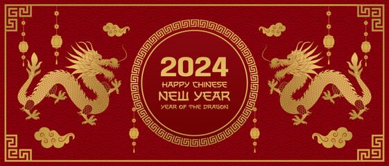 Happy Chinese new year 2024. Year of the dragon. New year horizontal backgaund with dragon.Vector.