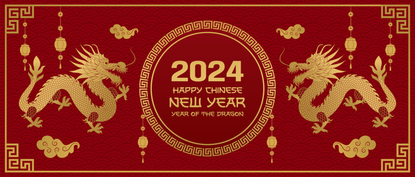 Happy Chinese new year 2024. Year of the dragon. New year horizontal backgaund with dragon.Vector.