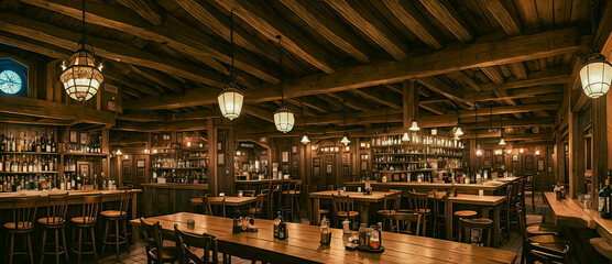 Medieval tavern with various bottles of alcohol, Generative AI.