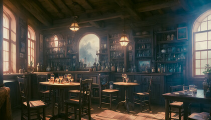 Medieval tavern with various bottles of alcohol, Generative AI.