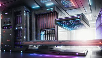 Futuristic server room and quantum computers,, data processing, artificial intelligence, Generative AI.
