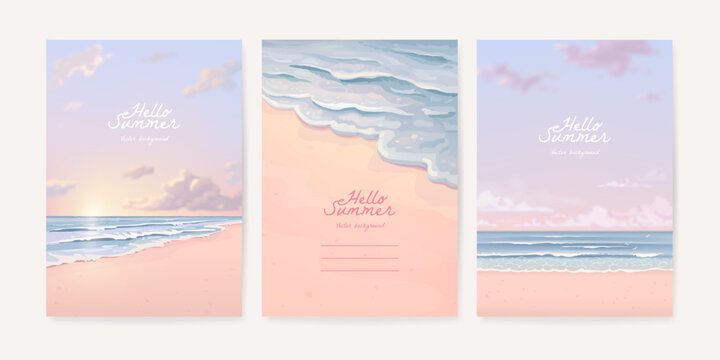 Set of beautiful vertical banner, poster or card design template with sandy summer beach and sea waves. Set of nature landscape background. Vector illustration