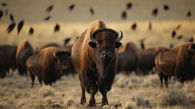 an american bison with black birds in the background. Generative AI