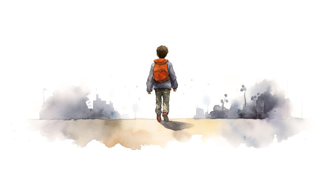 幼い子が一人で歩く後ろ姿の水彩イラスト　Generative AI