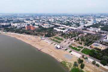 Fototapeta premium new embankment on the bank of the Irtysh river in city of Pavlodar, Kazakhstan. top view from the drone from above