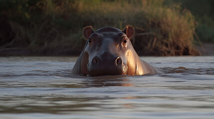 a hippopotamus swims in a river in africa. Generative AI