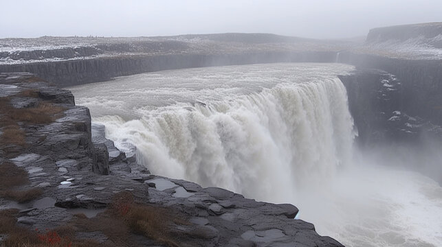 a waterfall like the dettifoss. natural spectacle. Generative AI