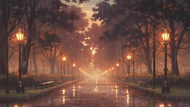 A rainy night charming Park with a Row of Street Lamps, an anime animation loop