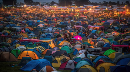 a large tent city on a site at a music festival. Generative AI