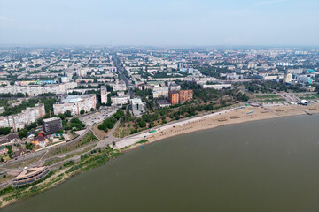 Fototapeta premium new embankment on the bank of the Irtysh river in city of Pavlodar, Kazakhstan. top view from the drone from above