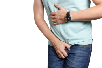 Man wanting to the toilet and holding his groin, cut out