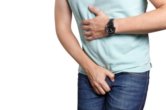 Man wanting to the toilet and holding his groin, cut out