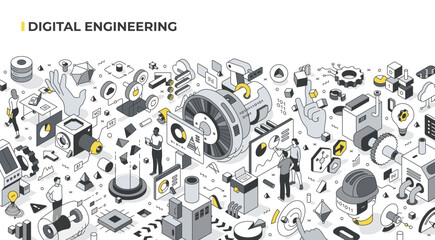 Digital Engineering Isometric Illustration. Industry 4.0