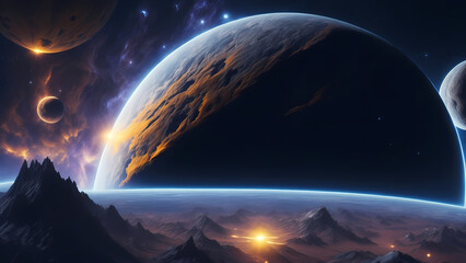 A breathtaking panorama capturing a distant planet system in the depths of space