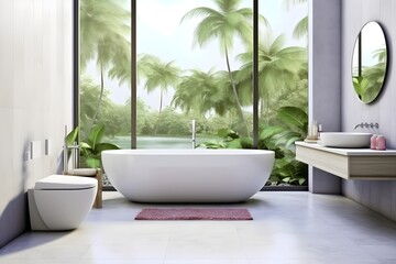 Fototapeta premium interior design of Modern bathroom interior with wooden decor in eco style. created generative AI