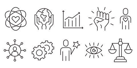 Business Core values icon vector set collection. Sign or symbol of trust,ethics, honesty, integrity to customer service of company. Commitment or statement of organization. financial graph web ui.