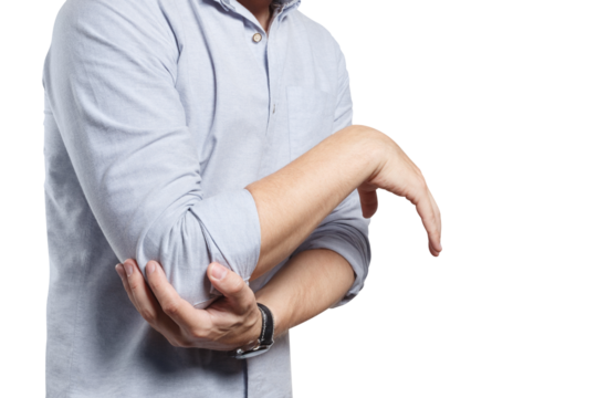 Man feeling a pain in his elbow, cut out