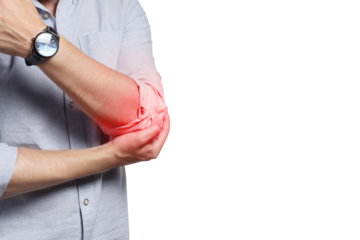 Man feeling a pain in his elbow, cut out