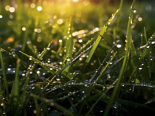 Fresh green grass with dewdrops, illuminated by dawn's glow. - Powered by Adobe